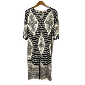 Talbots Petites Floral Jacquard Print Shift Dress tunic Brown White V NEck - 6P